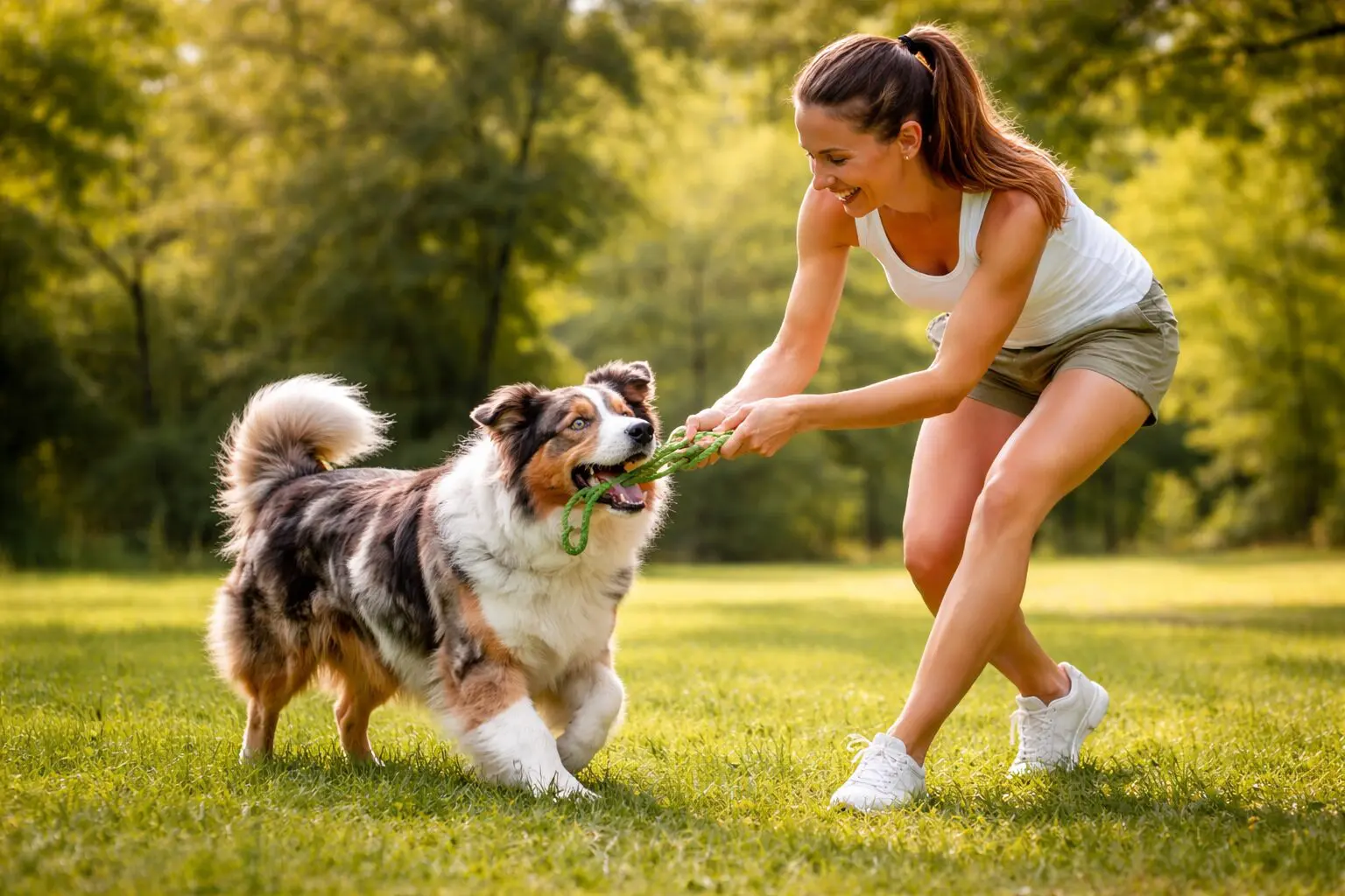 Happy dog playing with owner outdoors