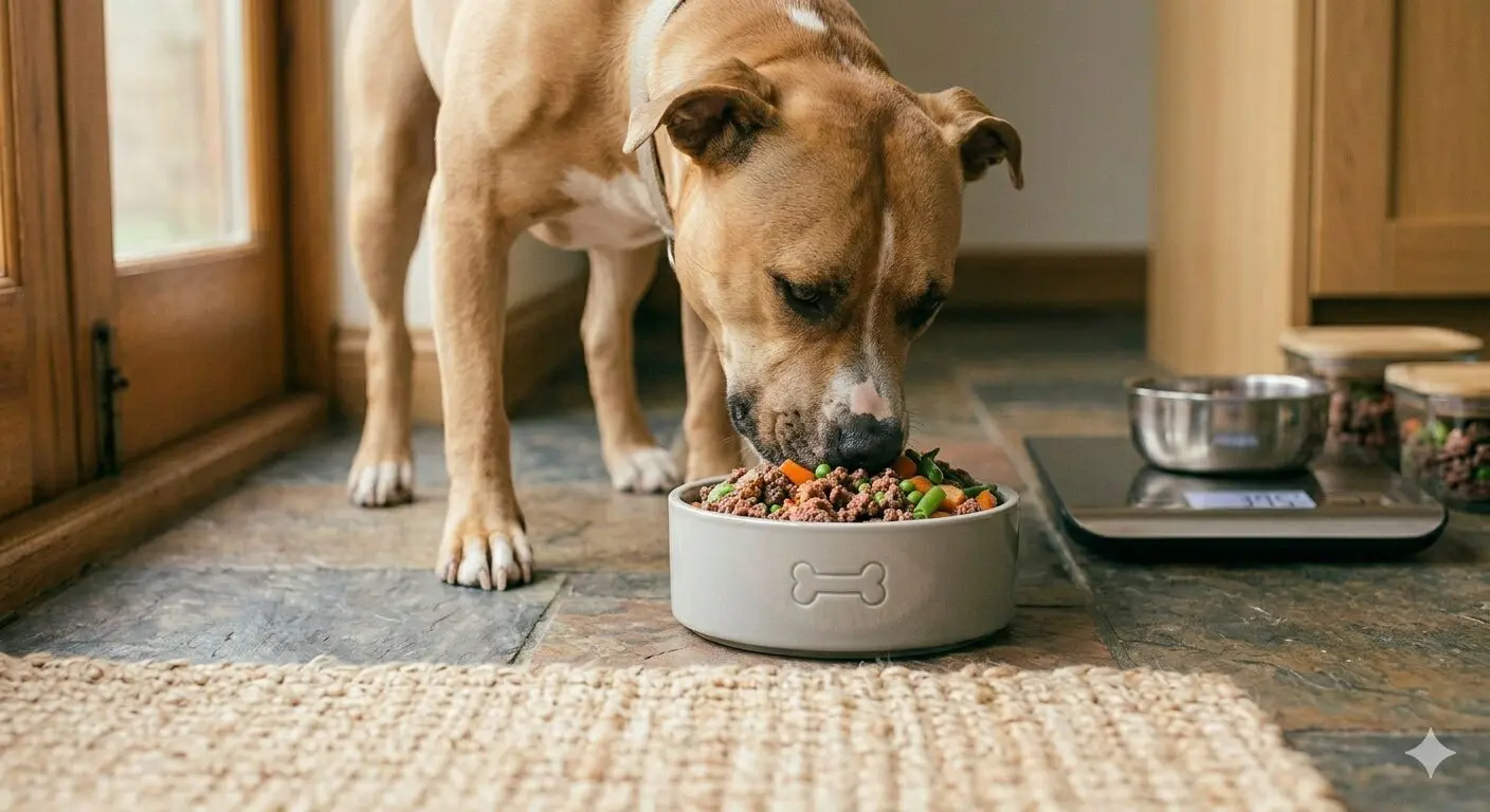 Golden retriever eating a raw Doggy Chef meal